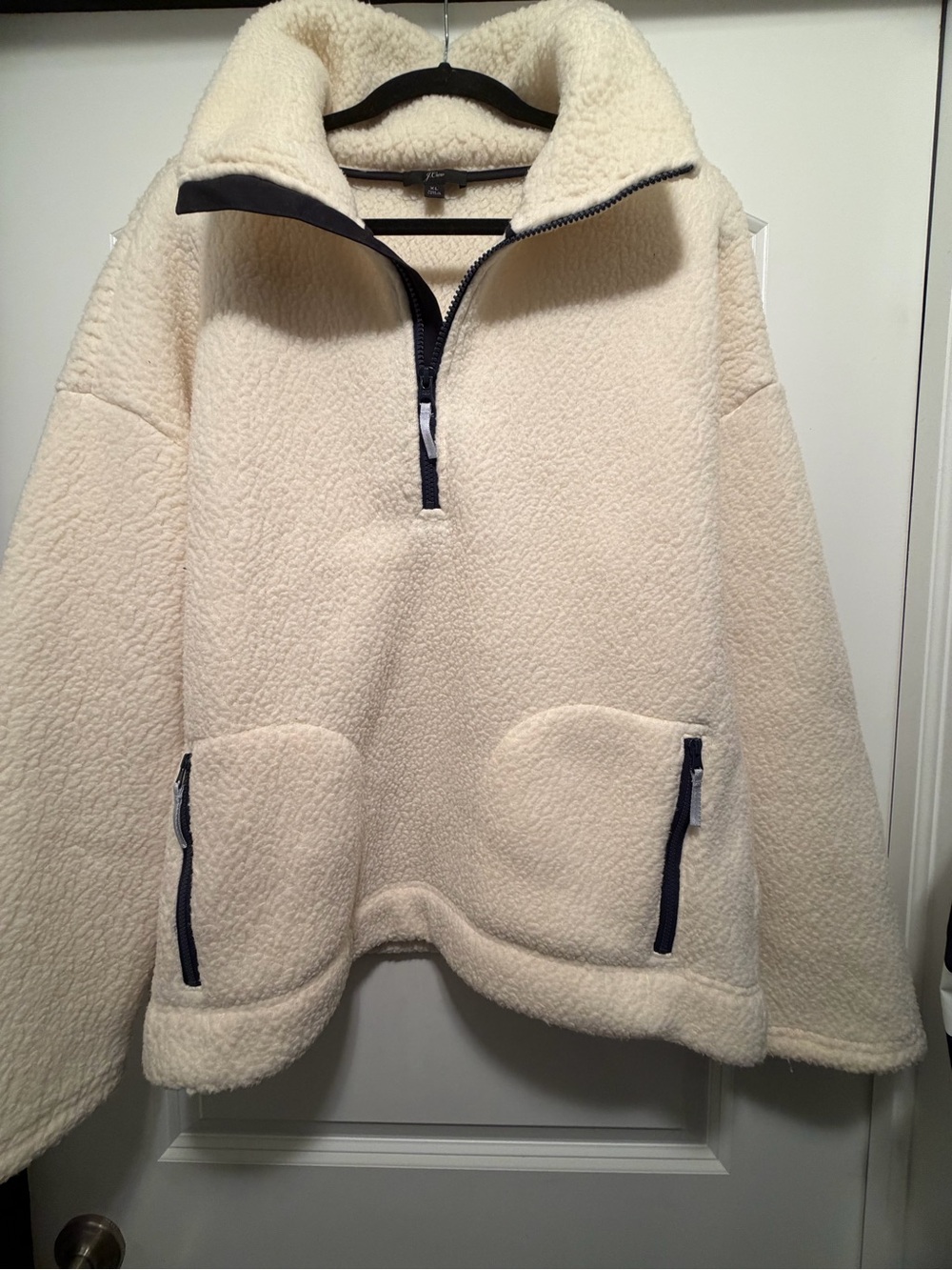 J.Crew Women’s XL Cream Sherpa Fleece Quarter Zip Pullover Navy EUC